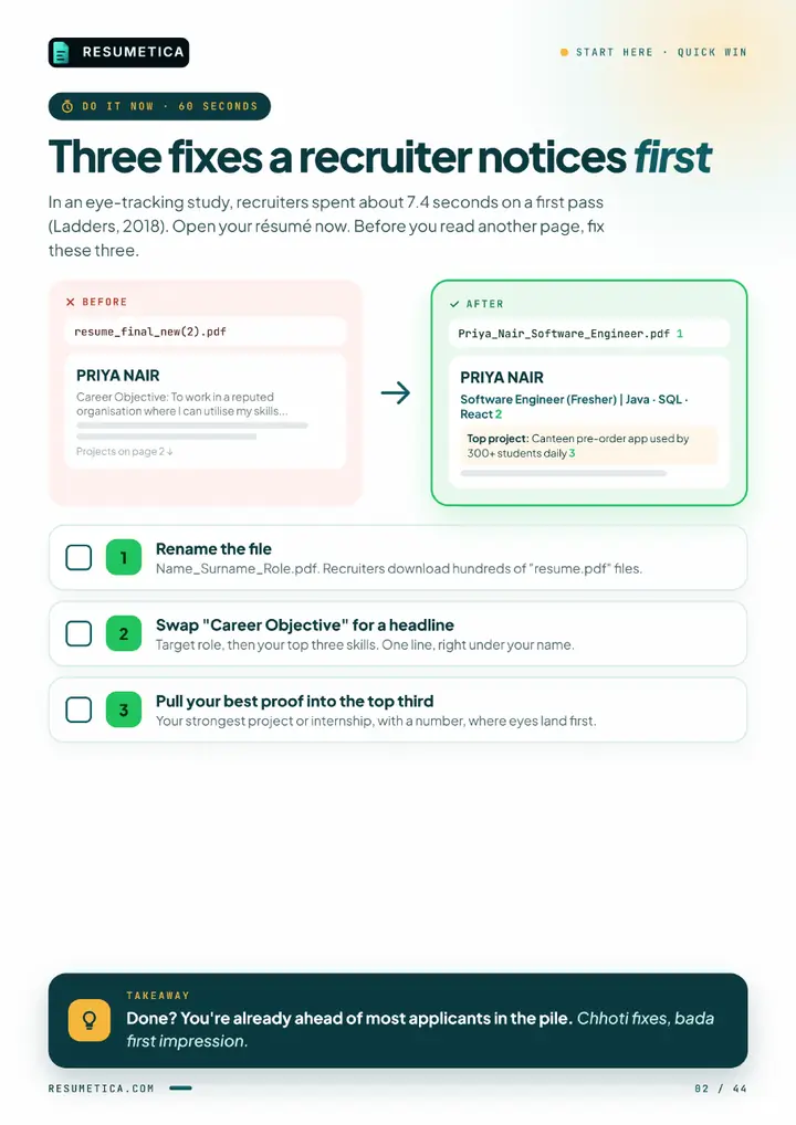 Page 2 of the kit: three fixes a recruiter notices first, before and after